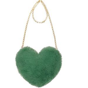 Women Green Imported Faux Fur Heart Shaped Cute Valentine Clutch Shoulder Bag